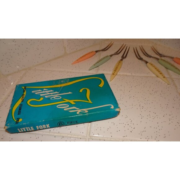 Vintage Little Fork 6 California Cocktail Appetizer Party Forks original box 50s - Picture 5 of 8